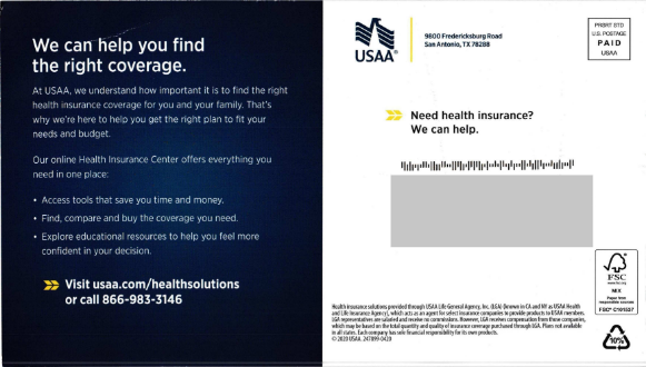 USAA's health insurance postcard