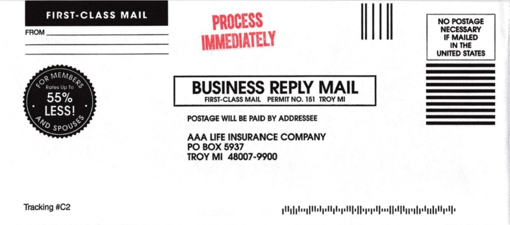 AAA — a life insurance company business reply mail